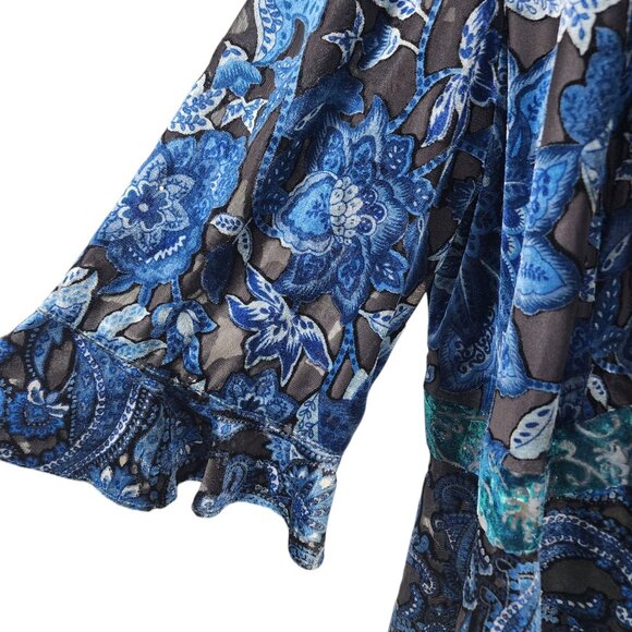 R&M Richards Womans Kimono Cardigan Size 20W Blue Floral Velvet Semi Sheer Sleev - Picture 3 of 6
